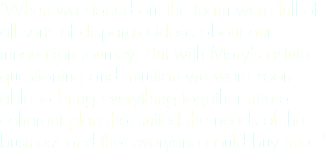 ‘When we started out the team were full of all sorts of disparate ideas about our innovation journey. But with Mary’s astute questioning and intuition we were soon able to bring everything together into a coherent plan that suited the needs of the business and that everyone could buy into. ’