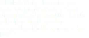 ‘ Thanks to Mary, I have a five-year vision now for my businesses, board directorships and personal life. That plan will help me run this marathon strategically rather than sprinting in short bursts. ’